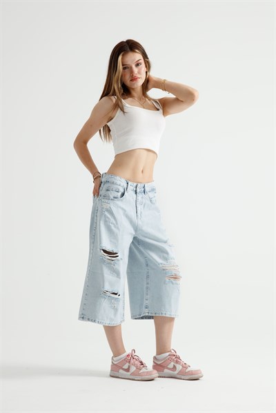 Buz Mavi Yırtıklı Super Baggy Şort