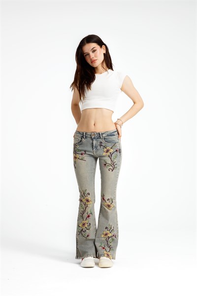 Çiçek Desenli Flare Jean