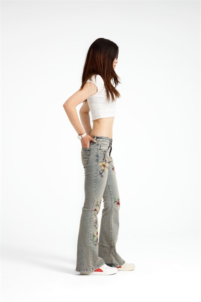 Çiçek Desenli Flare Jean