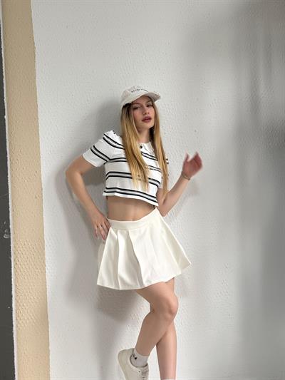 Ekru Pileli Mini Şort Etek