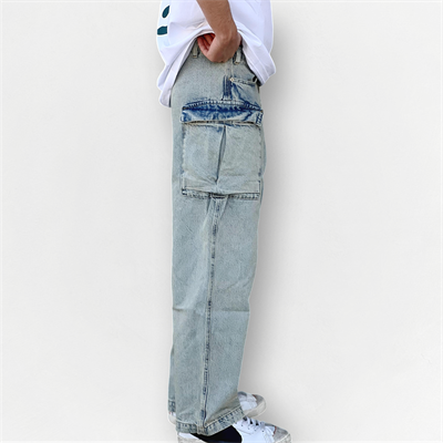 Eskitme Buz Mavi Yüksek Cep Baggy Jean