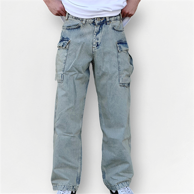 Eskitme Buz Mavi Yüksek Cep Baggy Jean