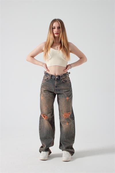 Eskitme Yırtıklı Kemer Detay Wide Leg Jean