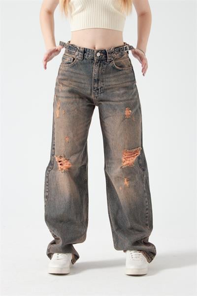 Eskitme Yırtıklı Kemer Detay Wide Leg Jean