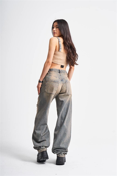 Eskitme Yırtıklı Kemer Detay Wide Leg Jean