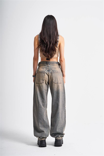 Eskitme Yırtıklı Kemer Detay Wide Leg Jean