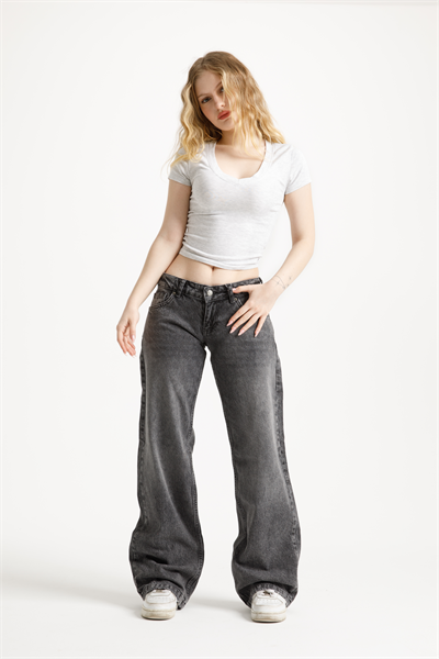 Gri Düşük Bel Straight Jean