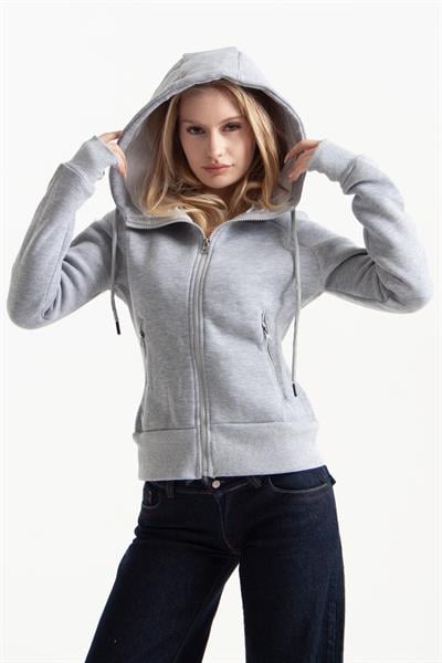 Gri Vücuda Oturan Kışlık Zip-Hoodie
