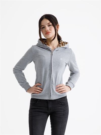 Gri Vücuda Oturan Leoparlı Yazlık Zip-Hoodie