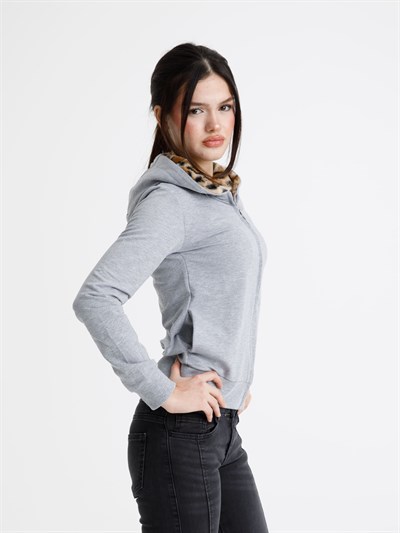 Gri Vücuda Oturan Leoparlı Yazlık Zip-Hoodie