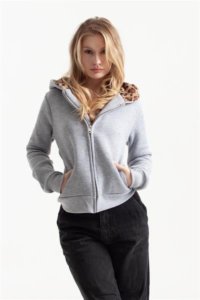 Gri Vücuda Oturan Leoparlı Zip-Hoodie