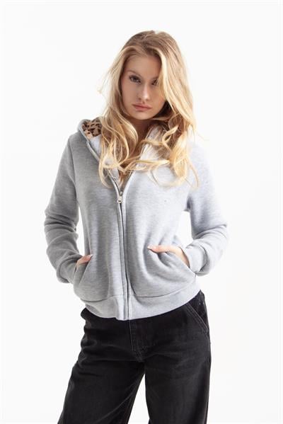 Gri Vücuda Oturan Leoparlı Zip-Hoodie