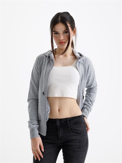 Gri Vücuda Oturan Yazlık Zip-Hoodie