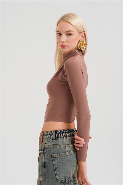 Kahverengi Uzun Kollu Slim Bluz