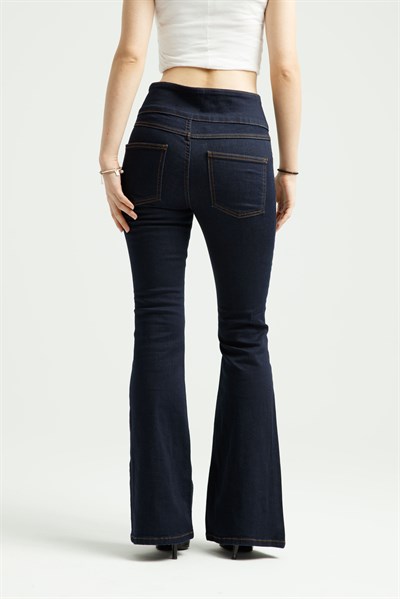 Koyu İndigo Çift Düğmeli Flare Jean