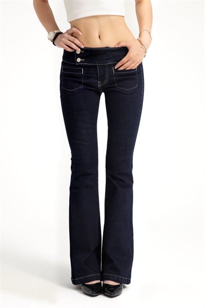 Koyu İndigo Orta Bel Flare Jean