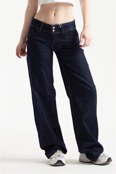 Koyu İndigo Viscon Kumaş Straight Jean
