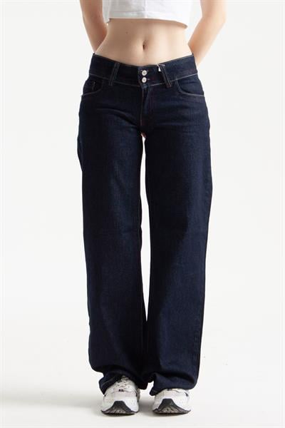 Koyu İndigo Viscon Kumaş Straight Jean