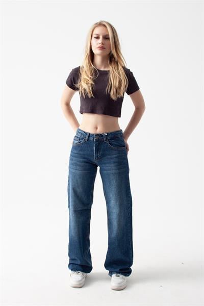 Koyu Mavi Orta Bel Straight Jean