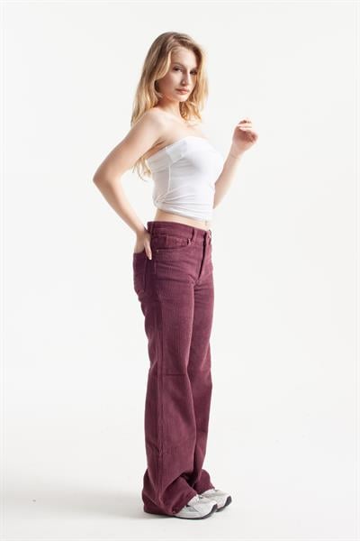 Koyu Mürdüm Kadife Kumaş Flare Jean
