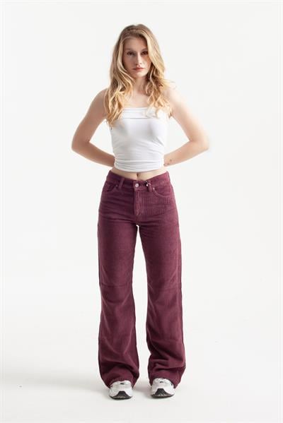 Koyu Mürdüm Kadife Kumaş Flare Jean