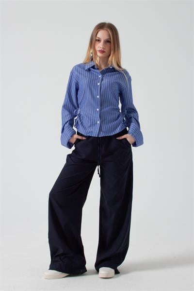 Lacivert Beli Lastikli Bol Paça Pantolon