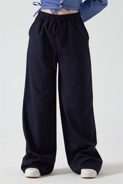 Lacivert Beli Lastikli Bol Paça Pantolon