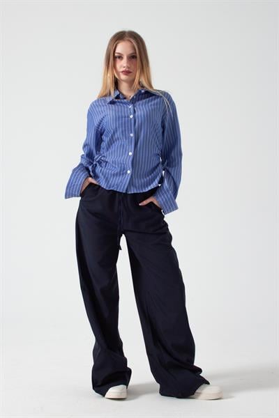 Lacivert Beli Lastikli Bol Paça Pantolon