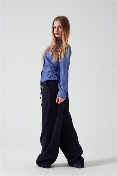 Lacivert Beli Lastikli Bol Paça Pantolon