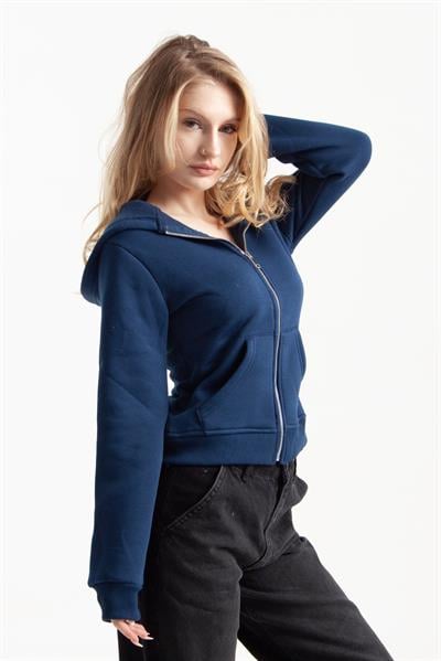 Lacivert Retro-Fit Vücuda Oturan Zip-Hoodie