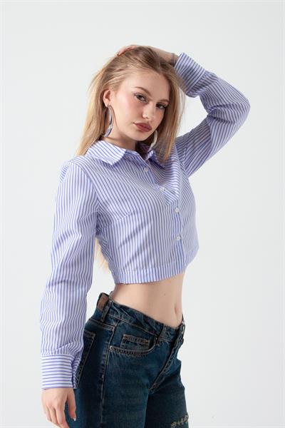 Mavi Çizgili Crop Gömlek