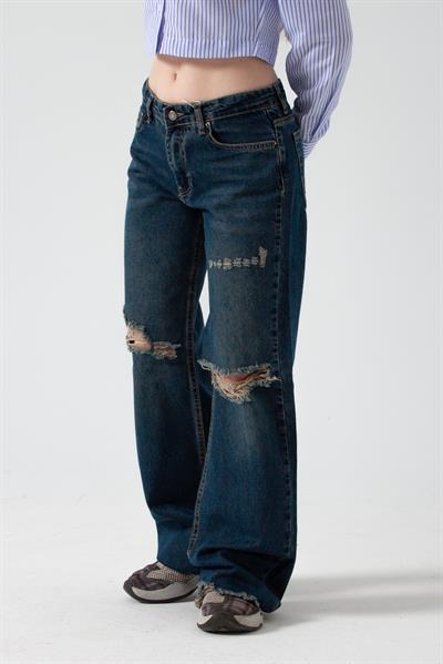 Mavi Yırtıklı Baggy Flare Jean
