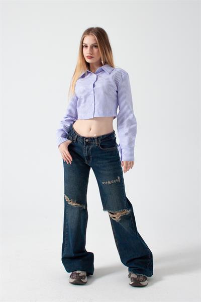 Mavi Yırtıklı Baggy Flare Jean