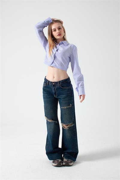 Mavi Yırtıklı Baggy Flare Jean