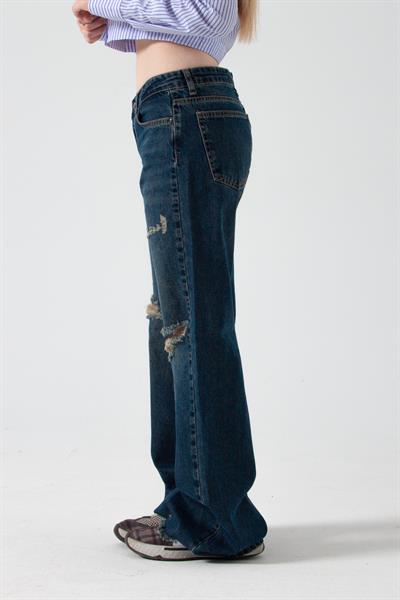 Mavi Yırtıklı Baggy Flare Jean