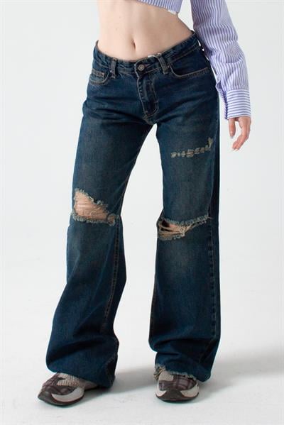Mavi Yırtıklı Baggy Flare Jean