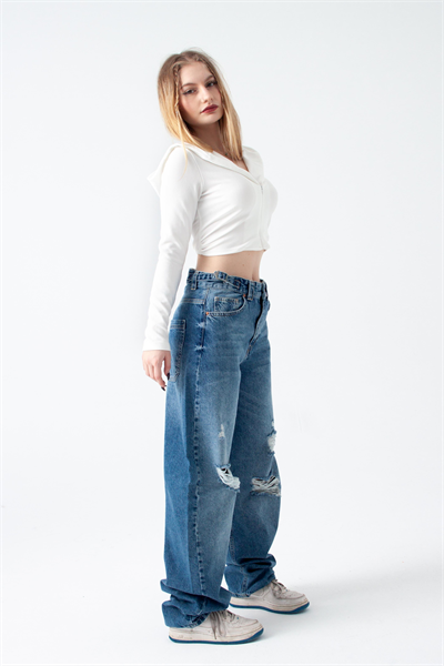 Mavi Yırtıklı Kemer Detay Wide Leg Jean