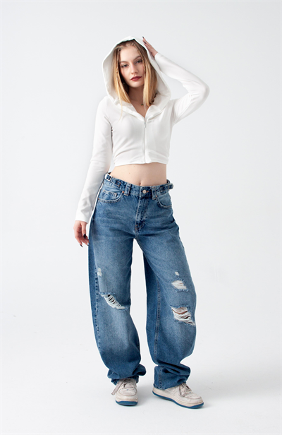 Mavi Yırtıklı Kemer Detay Wide Leg Jean
