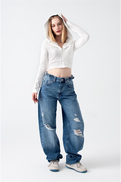 Mavi Yırtıklı Kemer Detay Wide Leg Jean