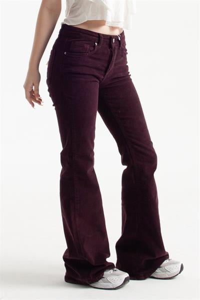 Mor İnce Fitilli Kadife Kumaş Flare Jean