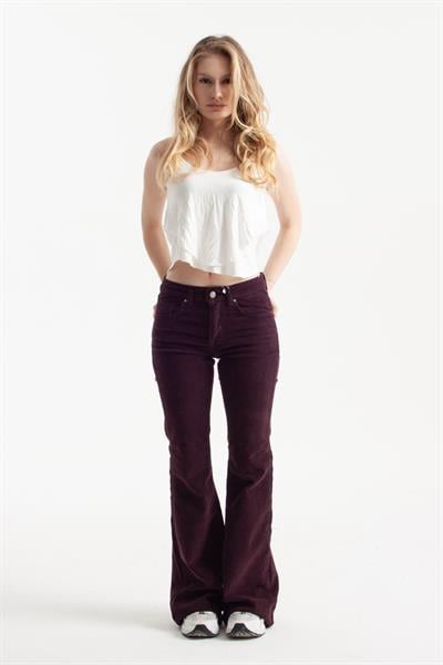 Mor İnce Fitilli Kadife Kumaş Flare Jean