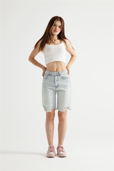 Pasifik Mavi Yırtıklı Mom Fit Şort