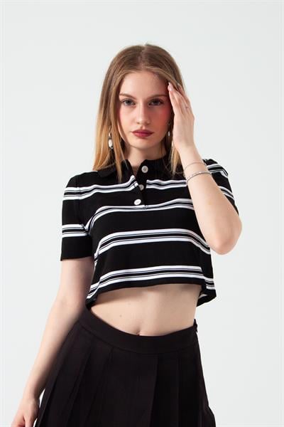 Siyah Çizgili Polo Yaka Crop T-Shirt