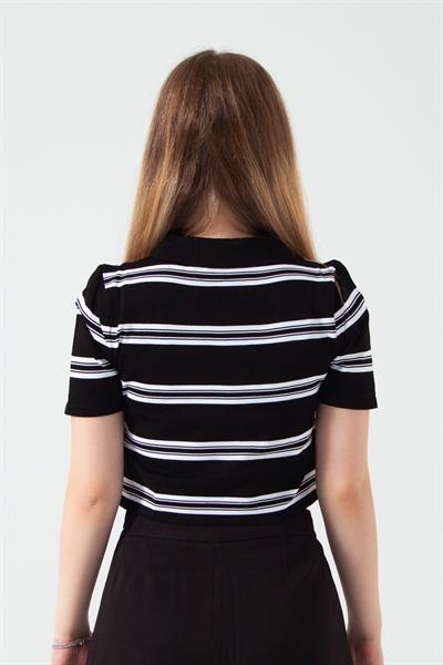Siyah Çizgili Polo Yaka Crop T-Shirt