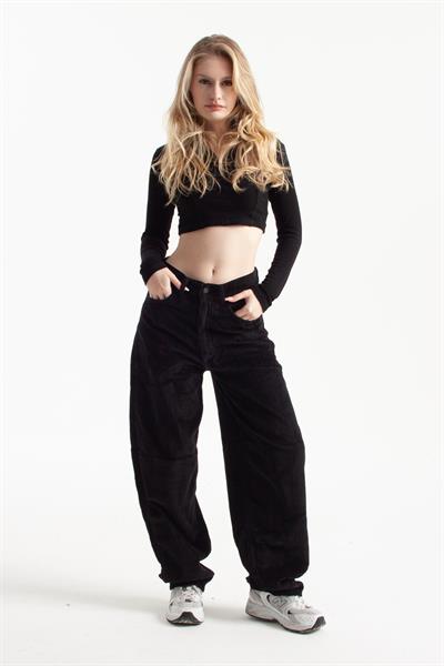 Siyah Kadife Kumaş Skater Jean