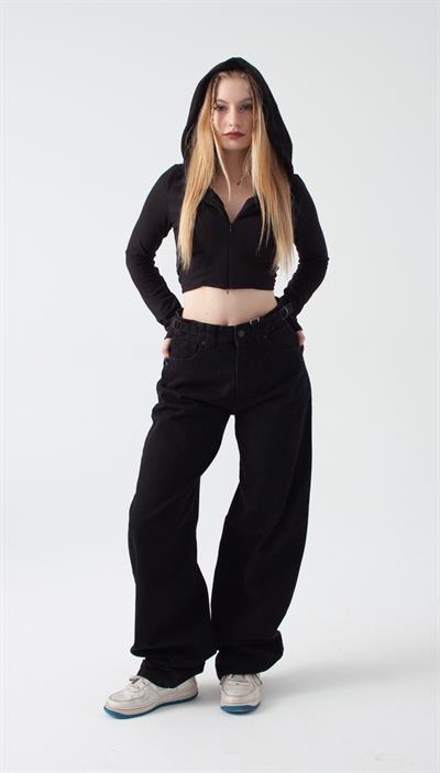 Siyah Kemer Detay Wide Leg Jean