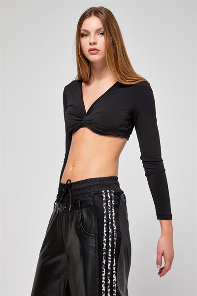 Siyah Uzun Kollu Premium Kumaş Crop-Top