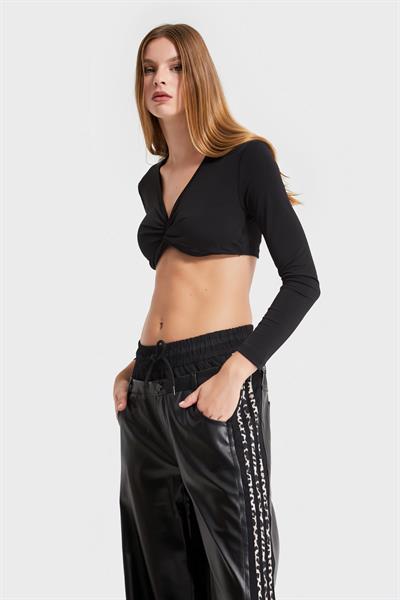 Siyah Uzun Kollu Premium Kumaş Crop-Top