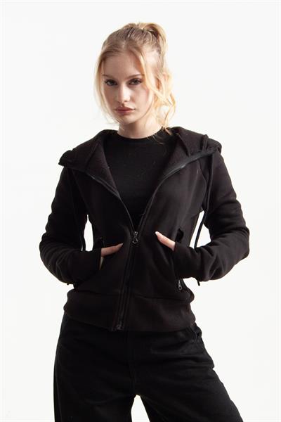 Siyah Vücuda Oturan Kışlık Zip-Hoodie