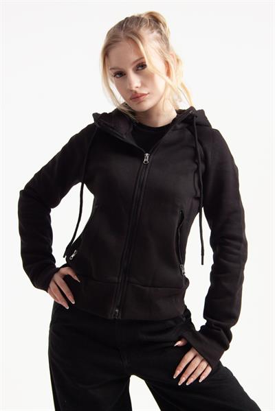Siyah Vücuda Oturan Kışlık Zip-Hoodie
